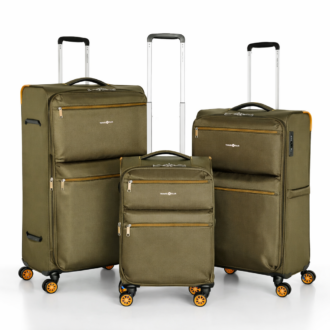סט מזוודות Travel Club דגם DIS2525 בצבע ירוק זית – שלושה גדלים עם 8 גלגלי ספינר 360° והרחבה 15% נפח