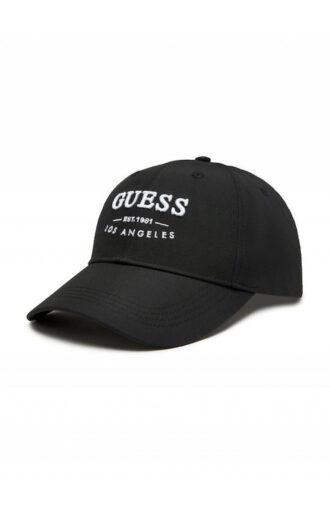 כובע GUESS שחור לגבר עם לוגו לבן כובע מצחייה GUESS שחור מבט קדמי כובע GUESS שחור מבט צד כובע GUESS עם רצועת התאמה אחורית