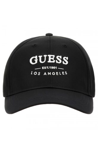 כובע GUESS שחור לגבר עם לוגו לבן כובע מצחייה GUESS שחור מבט קדמי כובע GUESS שחור מבט צד כובע GUESS עם רצועת התאמה אחורית
