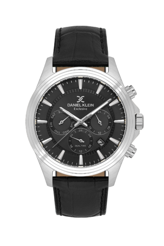 שעון גבר Daniel Klein Exclusive DK.1.14346-2 לוח שחור מארז כסוף רצועת עור שחורה Dual Time