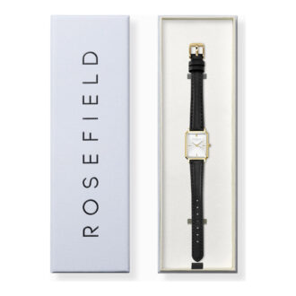 שעון נשים Rosefield OWBLG-O84 מוזהב עם גוף מתומן ורצועת עור שחורה