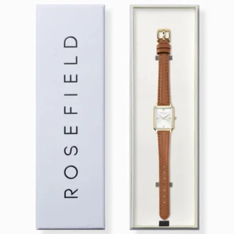 שעון נשים Rosefield OWBLG-O85 מוזהב עם גוף מתומן ורצועת עור חומה