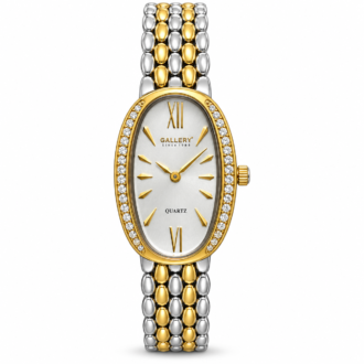 שעון GALLERY 17879-15 עם צמיד בגווני כסף וזהב, לוח אובלי כסוף ומסגרת בגוון זהב מעוטרת באבנים דקורטיביות