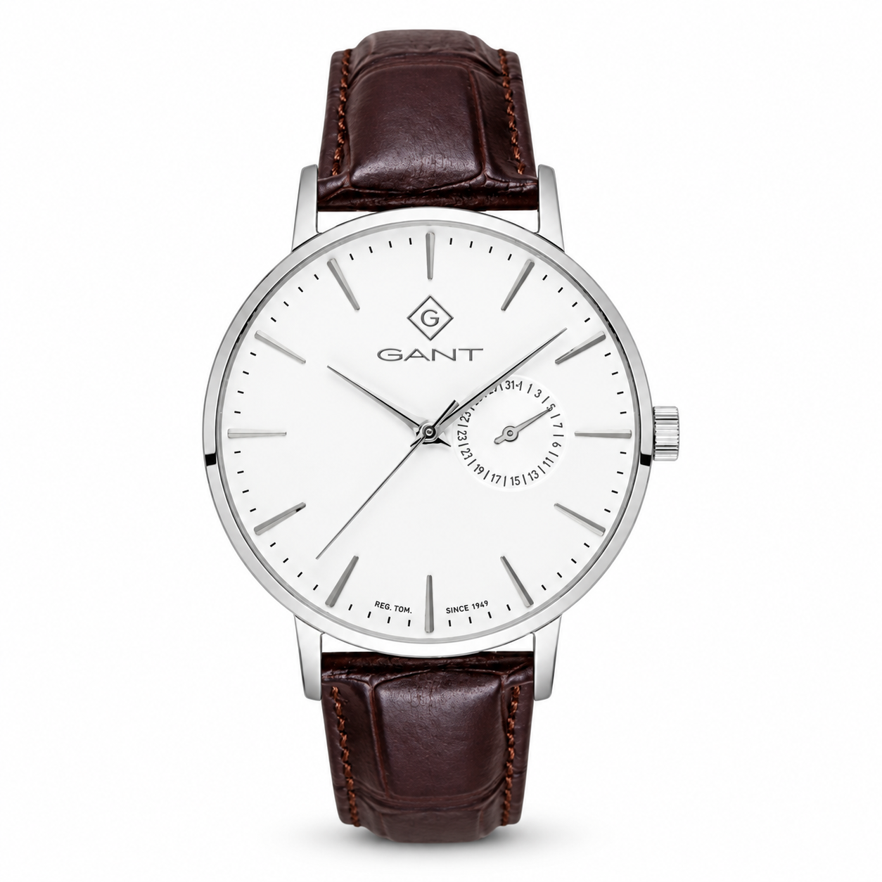 שעון לגבר GANT G105001 עם לוח לבן, גוף כסוף ורצועת עור חומה
