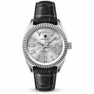 שעון לגבר GANT G189017 עם לוח כסוף, מסגרת מחורצת ורצועת עור שחורה