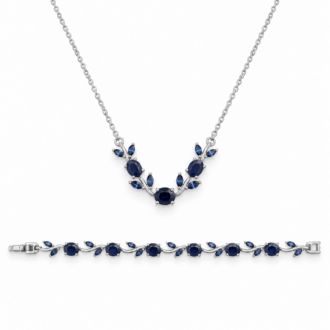 סט שרשרת וצמיד טוליפ SET0130 ב-DK-STORE עם אבני קריסטל כחולות ועיטורי עלים, בציפוי זהב או כסף