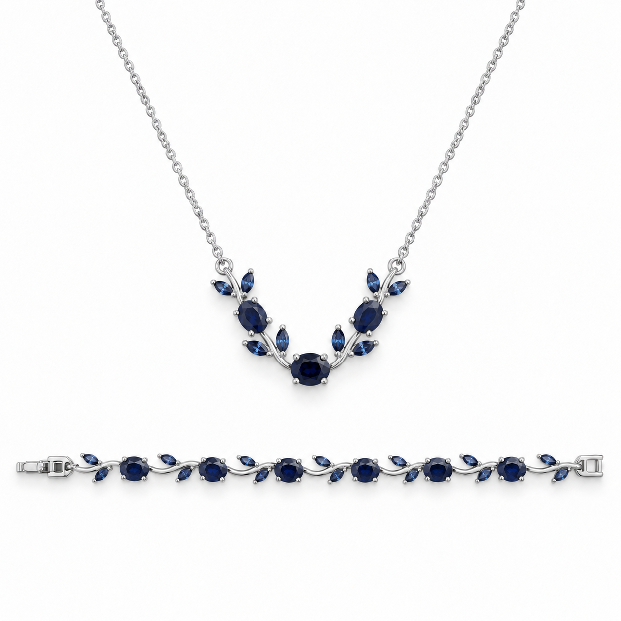 סט שרשרת וצמיד טוליפ SET0130 ב-DK-STORE עם אבני קריסטל כחולות ועיטורי עלים, בציפוי זהב או כסף
